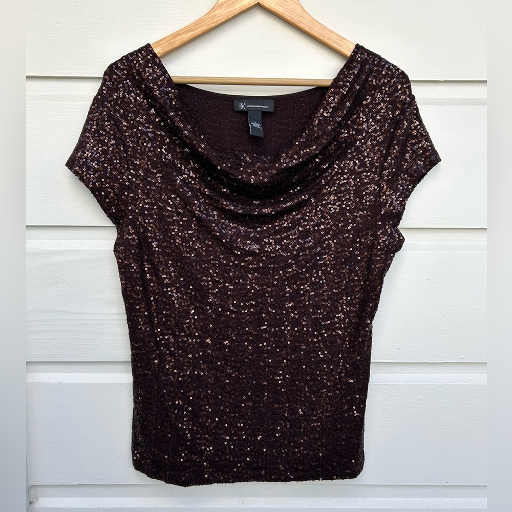 INC International Concepts Brown Sequin Cowl Neck Top